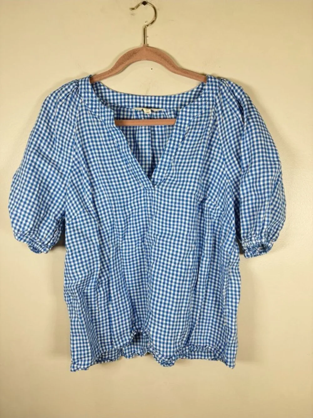 Boden Brooke Linen Top Shirt Blouse Size 14 Blue Gingham Checkered Resort Preppy